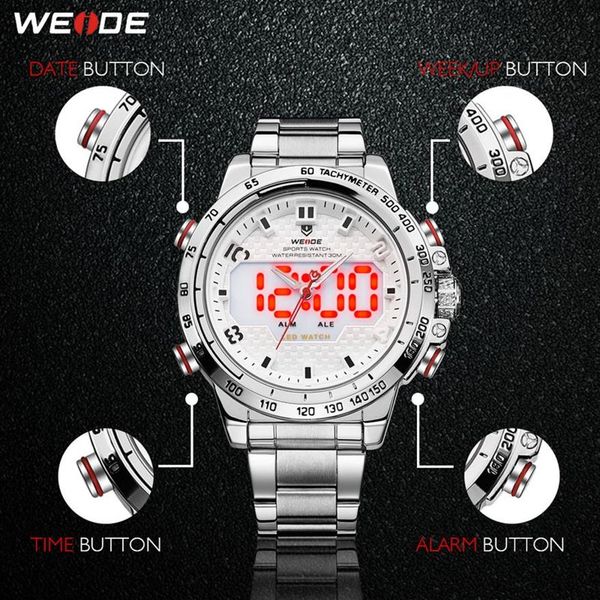 Cwp 2021 weide relógio masculino esporte luz traseira display led alarme analógico data automática militar do exército pulseira de aço inoxidável quartzo relogio ma288e