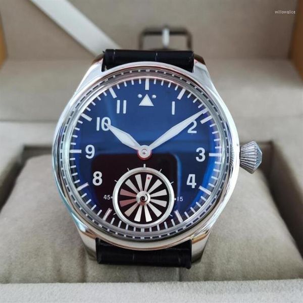 Relógios de pulso 44mm sem logotipo mão mecânica vento relógio masculino mostrador preto azul vidro bolha espelho girando turbina gaivota 230h