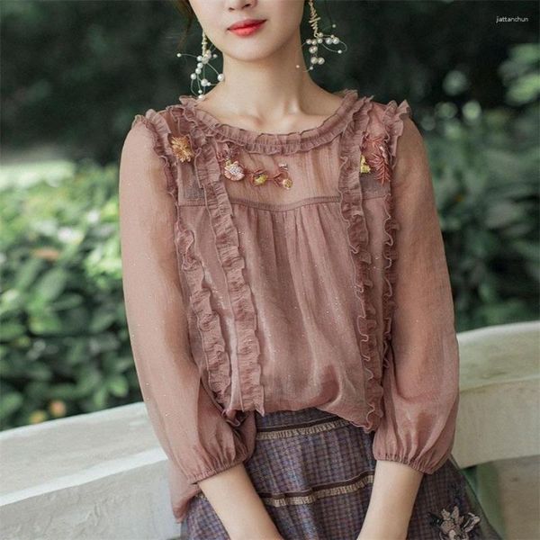Blusas femininas primavera verão estilo chiffon camisa apliques decoração o-pescoço babados cor sólida coreano casual topos