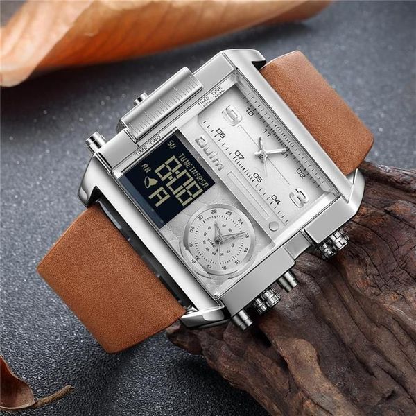 Наручные часы Oulm, светодиодные цифровые часы с большим циферблатом, мужские кварцевые часы с тремя часовыми поясами, двойной дисплей, мужские спортивные кожаные наручные часы262j