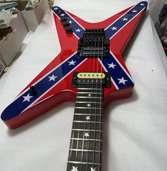 Wash Dim 333 Dimbag Darrell Rebel Confederate Flag Vermelho Guitarra Elétrica Floyd Rose Tremolo Bridge Star Inlay Grover Tuners Black Hardware Whammy Bar