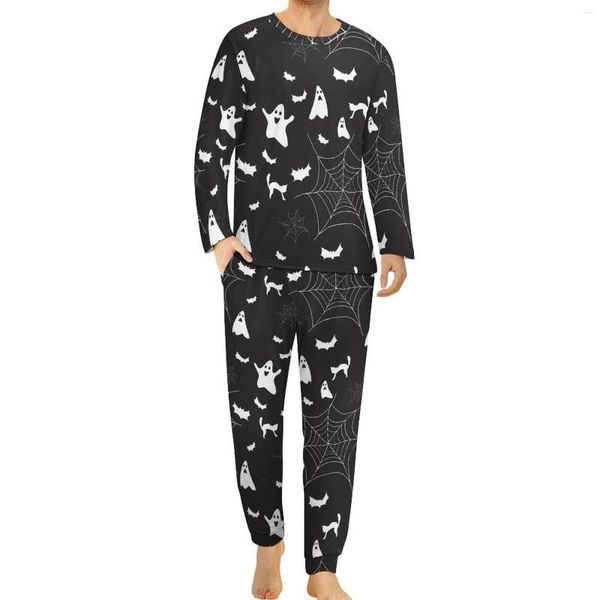 Herren-Nachtwäsche, Halloween-Druck, Pyjama, langärmelig, weißer Geist, 2-teiliges Nacht-Set, Winter-Herren-Custom-süßer, übergroßer Heimanzug