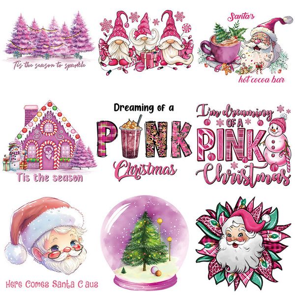 Aufnäher zum Aufbügeln, Weihnachtsdesign, waschbar, Wärmeübertragung, Vinyl-Papierflicken für Kleidung, T-Shirts, heißgepresster rosa Weihnachtsmann-Weihnachtsbaum-Aufkleber