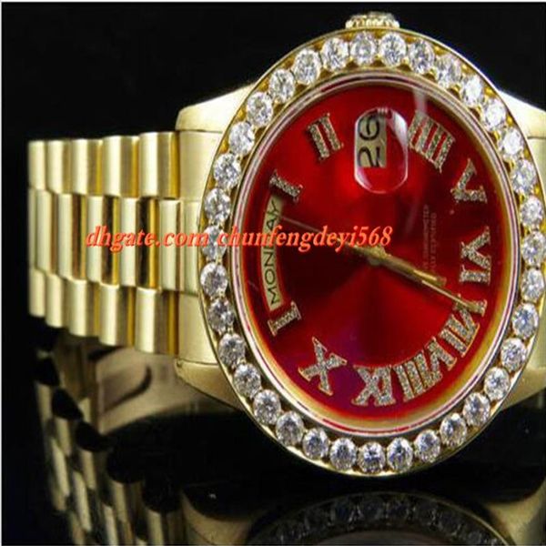 Mode Top Qualité Montre-bracelet de luxe 18K Mens Or jaune 36MM Cadran rouge Plus gros diamant Montre 6 0 Ct Mouvement automatique Hommes Watch258l