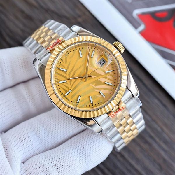 Relógio masculino de luxo data apenas automático móvel designer relógio feminino mostrador ouro padrão folha palma 36mm brilho 904l stainles230r