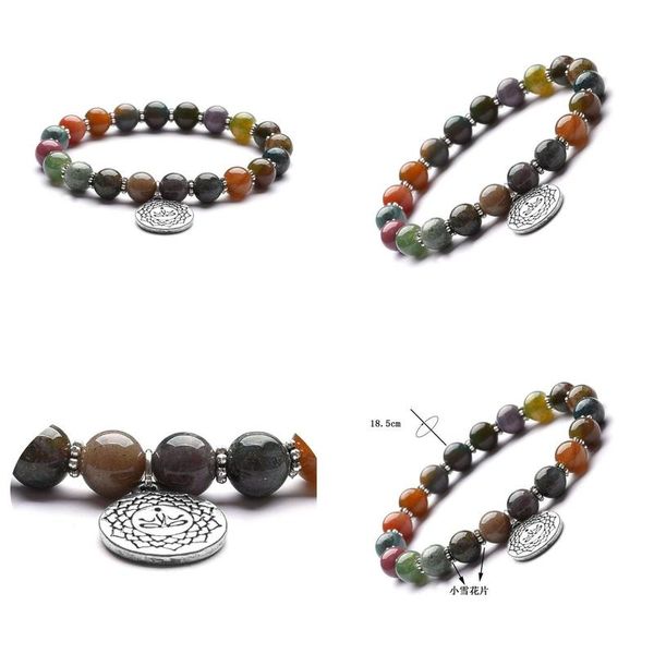 Perlenstränge, natürlicher indischer Achat, 8 mm, Buddha-Perlenarmbänder, Armband, Yoga, Meditation, Om-Anhänger, kleine Schneeflocke, Tropfen, Dhgarden Dhm6G