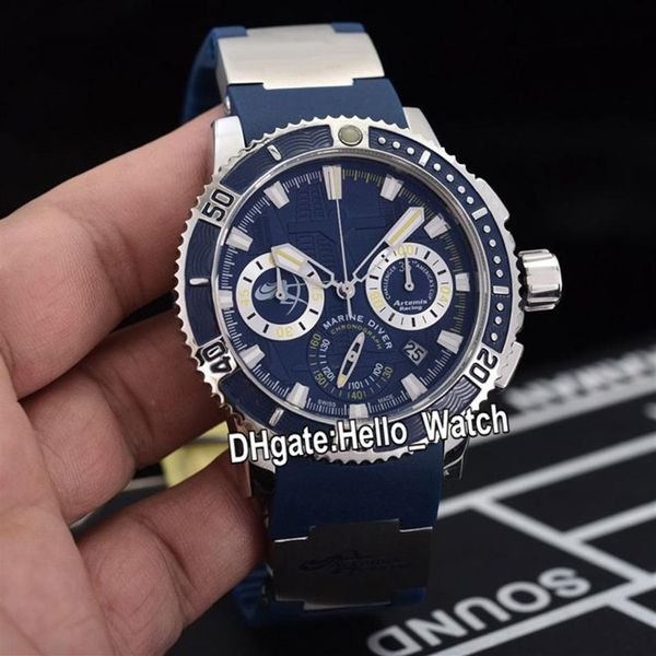 Novo 45mm Diver Marine 353-98LE-3 Artemis 353-98LE Mostrador Azul Miyota Quartz Chronograph Mens Watch Caixa de Aço Pulseira de Borracha Azul Hell2675