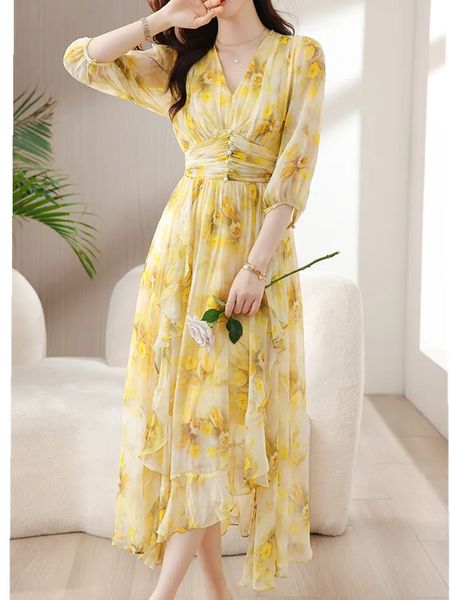 Vestidos casuais básicos senhoras nova chegada amarelo impressão vestido de verão para mulheres sexy com decote em v meia manga magro assimétrico vestido longo vestidos 2024