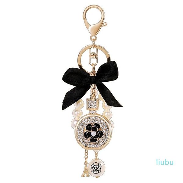 Adorável arco bonito pérola flor perfume garrafa chaveiros nova moda ins designer de luxo diamante strass saco charm243h