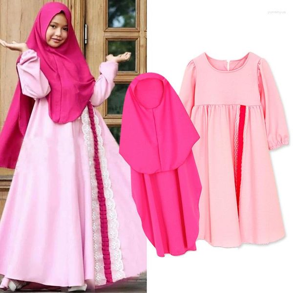 Ethnische Kleidung Muslim Spitze Maxikleid Sets Kinder Abaya Kinder Hijab Schal Mädchen Lange Robe Kleider Kimono Jubah Eid Ramadan Arabisch Islamisch