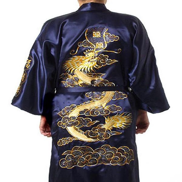 Темно-синий китайский мужской шелковый атласный халат, новинка, традиционное кимоно с вышивкой дракона, юката, банное платье, размер S, M, L, XL, XXL, MR002222u