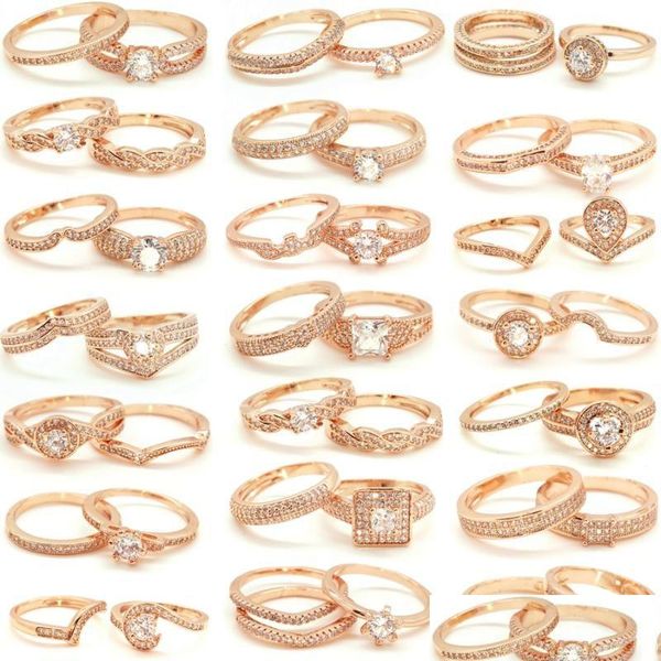 Cluster-Ringe 10 Set / Pack Großhandel Rose Gold Farbe Doppelt für Frauen Elegante Vintage-Zirkonia Hochwertige Ring-Sets Drop Delive Dhkmb