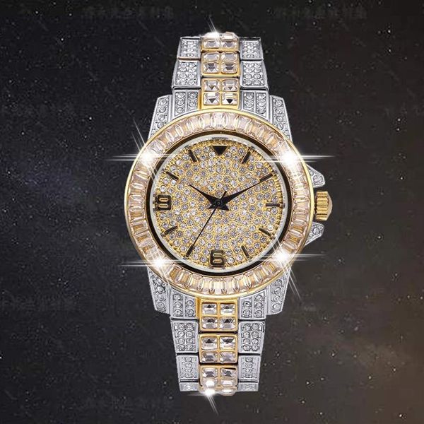 AAA CZ Bling Diamond Men's Watch Rolle 18k Gold Plated Ice Out Quarz Iced Handgelenks Uhren für Männer männliche wasserdichte Armbanduhr HO304K