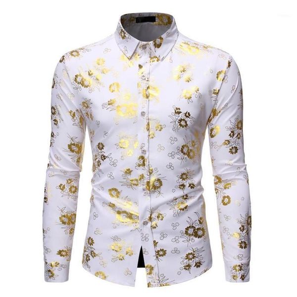 Fantasia masculina florida ouro impressão vestido camisa masculina 2020 novo design de luxo fino ajuste camisas smoking para clube festa disco1303y