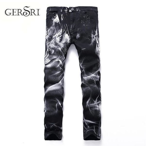 Gersri Night Club Мужские джинсы с 3D принтом Черный волк с принтом в стиле панк Тонкие прямые хлопковые повседневные джинсовые брюки с принтом Плюс Size244x