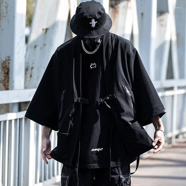 Camicie casual da uomo 2023 Nastro Hip Hop Punk Techwear Kimono Oversize Mens Japan Style Harajuku Cargo Shirt Mantello
