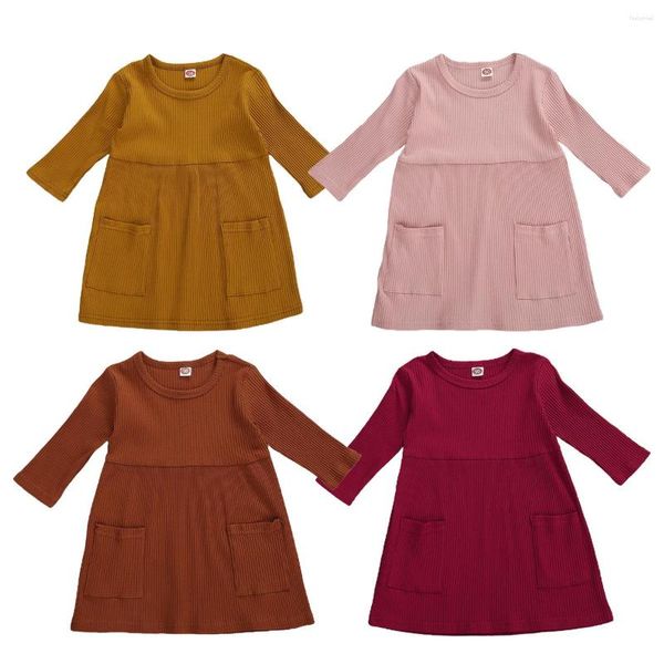 Robes d'automne pour bébés filles, en tricot, manches trois quarts, poches solides, longueur aux genoux, ligne a