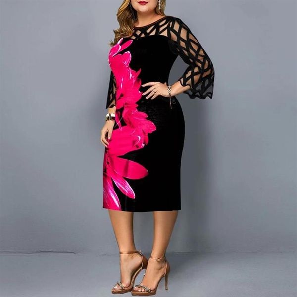 Plus size vestidos femininos vestido de verão 2022 outono elegante floral impressão casual festa malha três quartos manga aniversário club261v