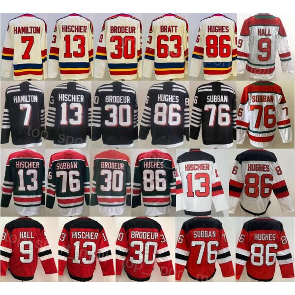 Männer Eishockey 13 Nico Hischier Trikots Reverse Retro 76 PK Subban 7 Dougie Hamilton 86 Jack Hughes 9 Taylor Hall 30 Martin Brodeur Stickerei Rot Weiß Schwarz Teamfarbe