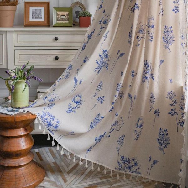 Cortina de linho cortinas fazenda azul floral impressão botânica folha impresso rústico quarto semi sheer modelado país vintage haste