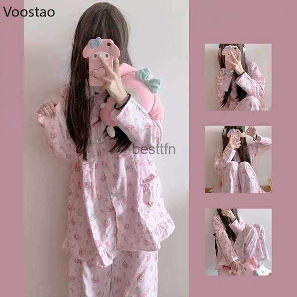 Pyjama-Set für Damen, Schlaf-Lounge, süßer Lolita-Stil, Mädchen, süßer Cartoon-Druck, Homewear, Frühling und Herbst, Frauen, Harajuku, Anime, Oberteile, Hosen, rosa Nachtwäsche, L231005