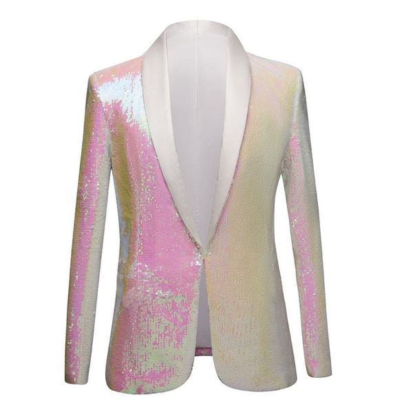 Männer Reine Weiß Rosa Pailletten Schal Revers Anzug Blazer Doppel Seite Mode Männlichen Prom Kleid Anzug Jacke Nachtclub Sänger slim Fit Tuxe243k