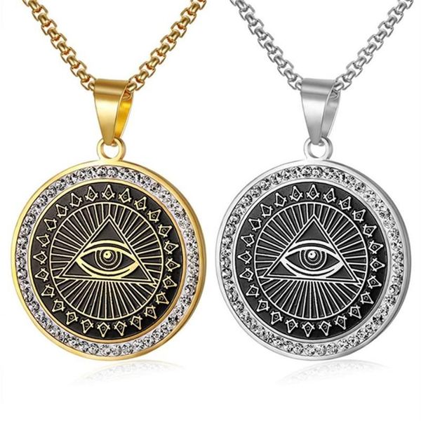 Anhänger Halsketten Hip Hop Herren Mason Halskette Iced Out Strass Illuminati Allsehende Auge Münzen Runde Charming307v