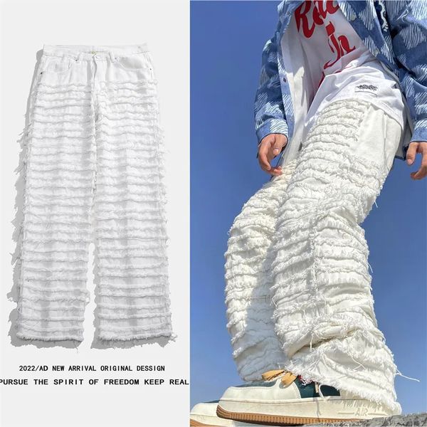 Jeans da uomo Jeans hip-hop bianchi Pantaloni jeans larghi dritti sfilacciati con nappe a righe Harajuku Pantaloni maschili femminili solidi streetwear in denim casual 231005