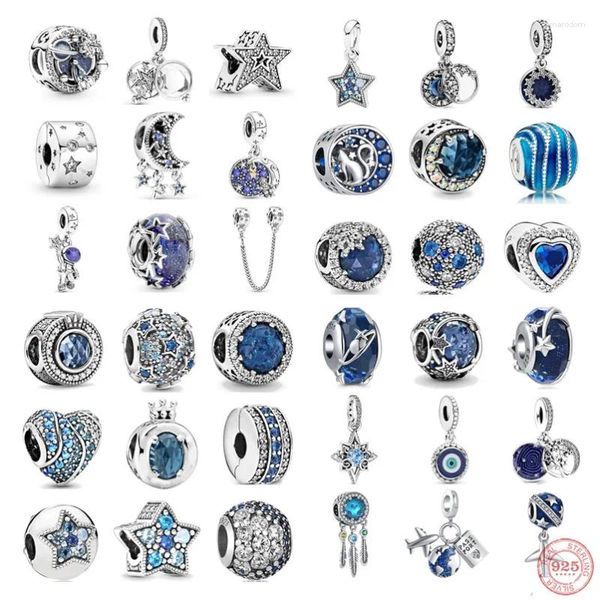 Grânulos 925 prata esterlina ajuste pulseira charme jóias diy clipe azul grânulo galáxia céu estrelado série pingente feminino lua balançar