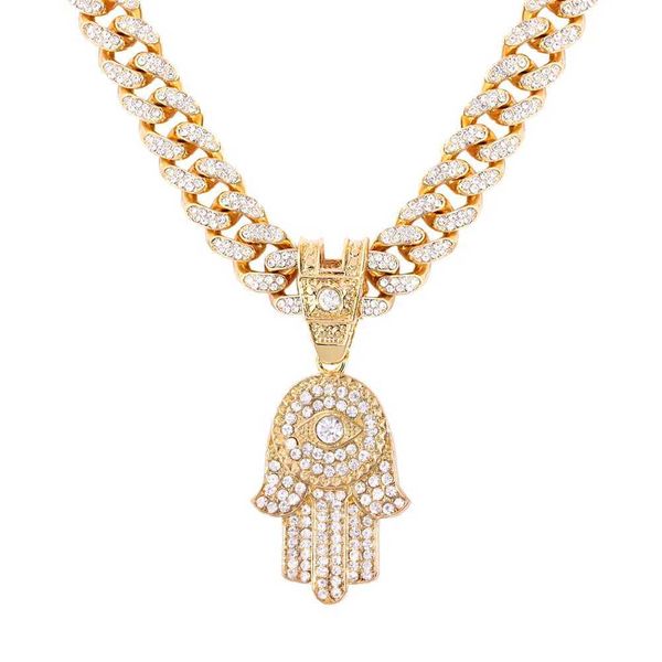 Colares Pingente Iced Out Brilhante Hamsa Mão Cuban Link Chain para Homens Mulheres Lucky Colar Hiphop Rapper Rock Jóias Presente