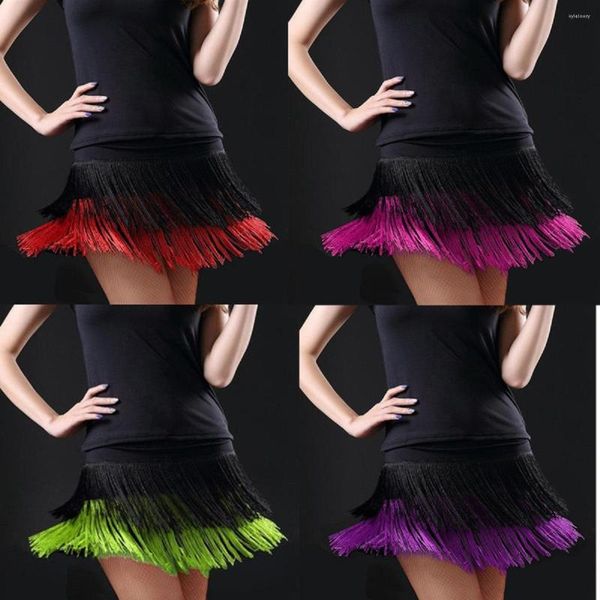 Bühnenkleidung Frauen Rock Kurz Sexy Tricolor Zweilagige Latin Dance Kleidung Praxis Spandex Fransen Dreieck Ballsaal Kleid