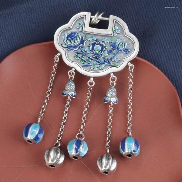 Collane con ciondolo FoYuan Colore argento China-Chic Anello blu che brucia Art Ruyi Blocco nappa Collana maglione retrò a doppia faccia