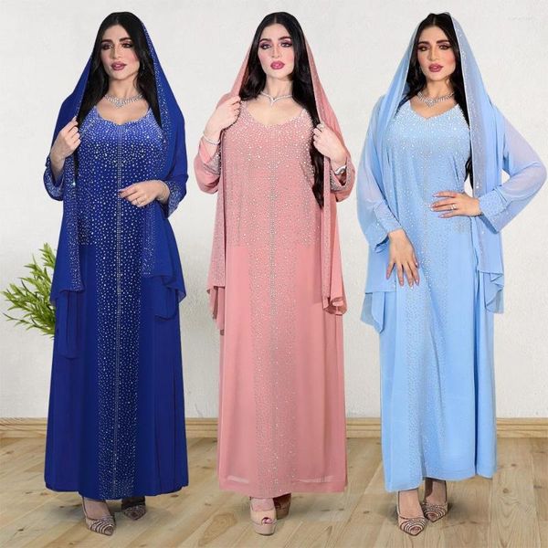 Abbigliamento etnico Abaya Abito musulmano Elegante manica lunga scollo a V Blu Rosa Diamanti Festa da sera Maxi moda