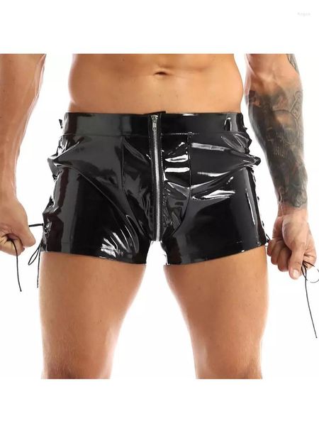 Erkek Şort S-5XL ıslak görünüm pvc erkek parlak pu deri kısa dantel yukarı bandaj boksörleri pantolon taytlar cosplay pantalones cortos hombre bermuda