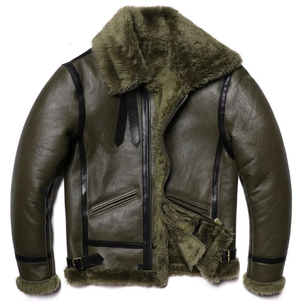 Couro masculino falso verde grosso ovelha shearling lã jaqueta original pele ecológica genuína pele de carneiro masculino casacos quentes jaquetas de vôo 231005