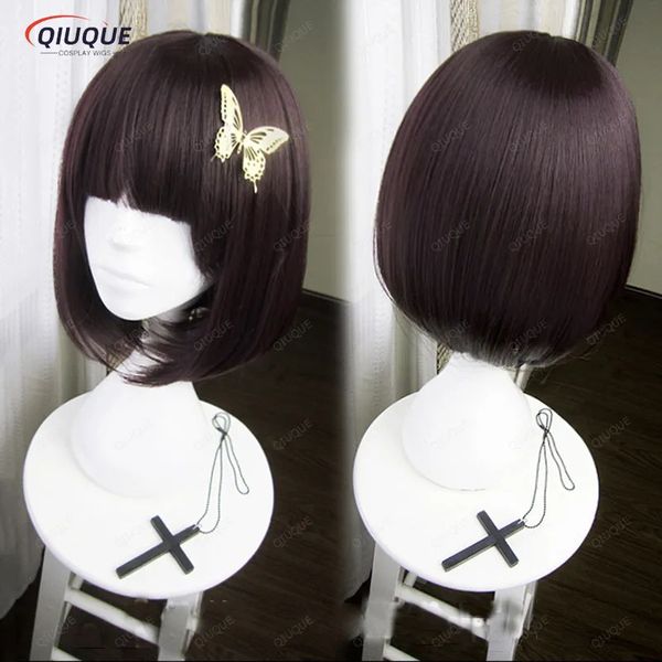 Pelucas de cosplay Anime Bungo Stray Dogs Akiko Yosano Bob corto Púrpura-Negro Peluca de pelo de cosplay resistente al calor Horquilla de mariposa 231005