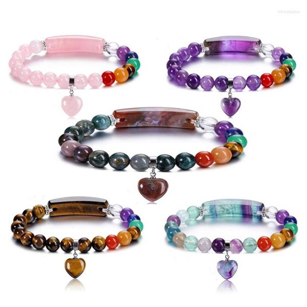 Filo XSM Bracciale elasticizzato per energia yoga con pietre preziose naturali da 8 mm, 7 chakra, ciondolo a forma di cuore, equilibrio di cristallo, preghiera di guarigione Reiki