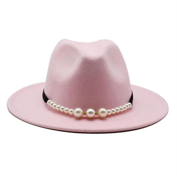 Fedora sólido elegante pérola fivela de cinto clássico inverno feminino chapéus rosa fascinator casamento formal chapéu de feltro womens290t