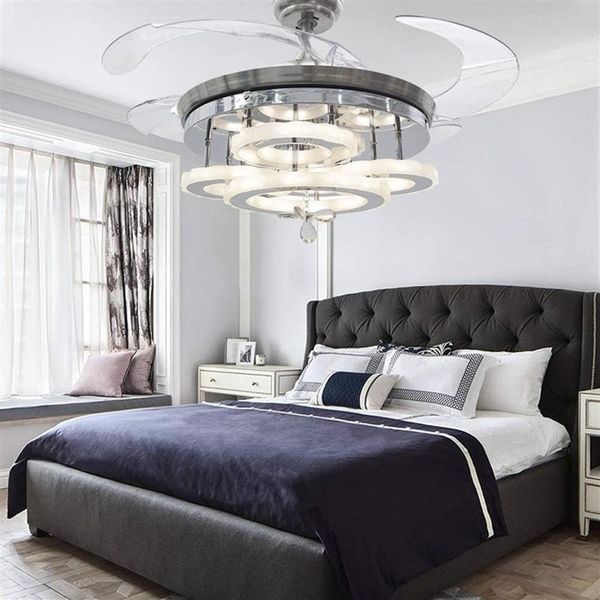 42 inç LED Tavan Fanları Geri Çekilebilir Bıçaklar Modern Kristal Avize Fan Yatak Odası Oturma Odası için 3 Değişen Renk El2299