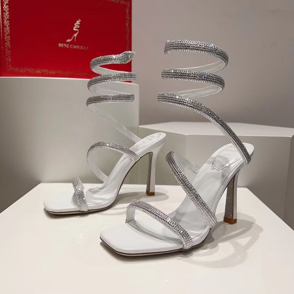 Yeni Rene Caovilla Yüksek Topuk Sandalları 10.5cm Kalın Topuklu Snake Sarılı Ayak Bileği Strap Moda Tasarımcısı Su Elmas Dekorasyon Kadın Deri Kadın Sandal Kutu