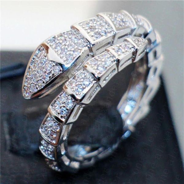 Marca 925 prata esterlina cobra anéis para mulheres luxo pavimentar diamante anel de noivado casamento branco topázio jóias carimbado 10kt clust298i
