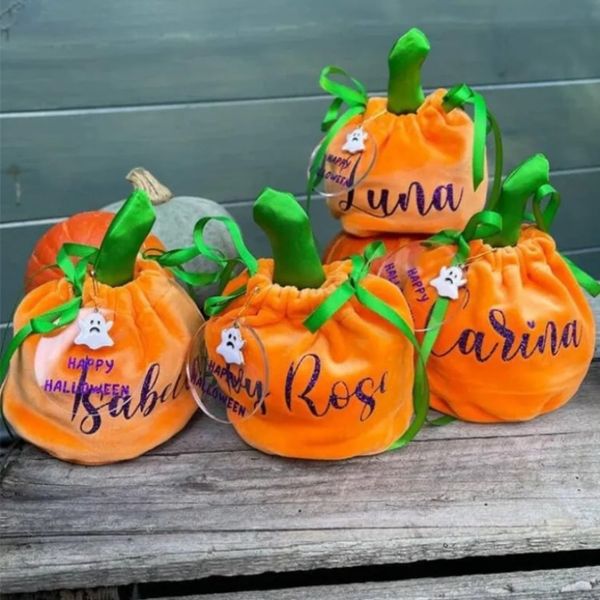 Großhandel Süßes oder Saures Süßigkeitenbeutel Eimer Orange Samt Kürbiskorb Halloween Taschen 1005