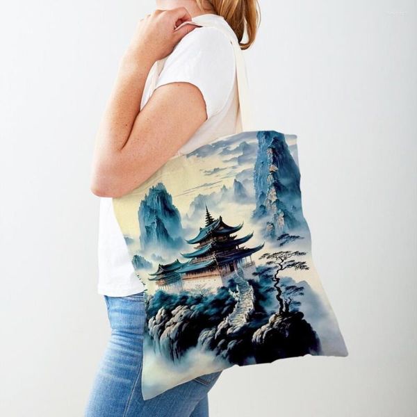 Sacos de compras pintura chinesa floresta feminina casual lona bolsa dupla impressão decoração bela paisagem shopper saco senhora tote