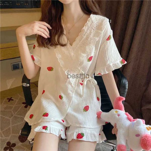 Lounge de sono feminino pijamas japoneses feminino verão crepe algodão morango impressão pijamas quimono pijamas confortáveis pijamas 2 peças conjunto casa ternoL231005