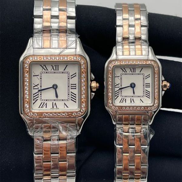 Relógio feminino de alta qualidade 22 * 30/27 * 37 MM com mostrador dourado/sier aço inoxidável quartzo feminino pulseira de ouro rosa Iced Out Safira relógio de pulso elegante de última geração Montre De Luxe