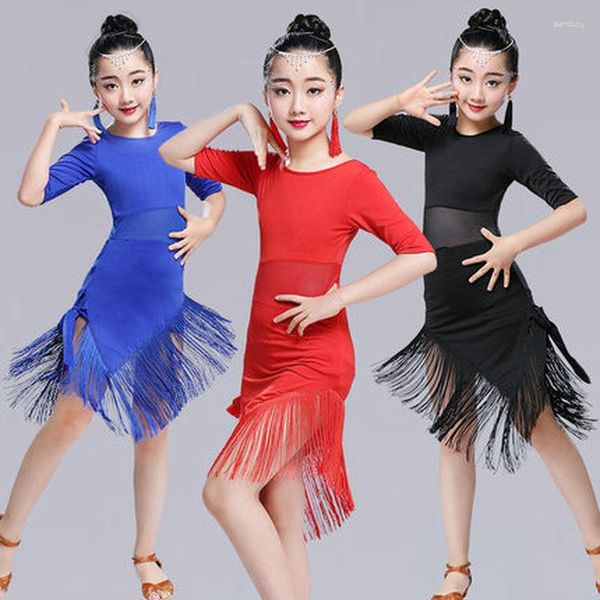 Bühnenkleidung Latin Dance Kleid für Mädchen KinderQuaste Salsa Tango Gesellschaftstanz Wettbewerb Kostüme Kinder Übungskleidung