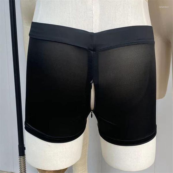 Shorts masculinos com zíper virilha aberta transparente calcinha preta fina casual roupa íntima para dormir