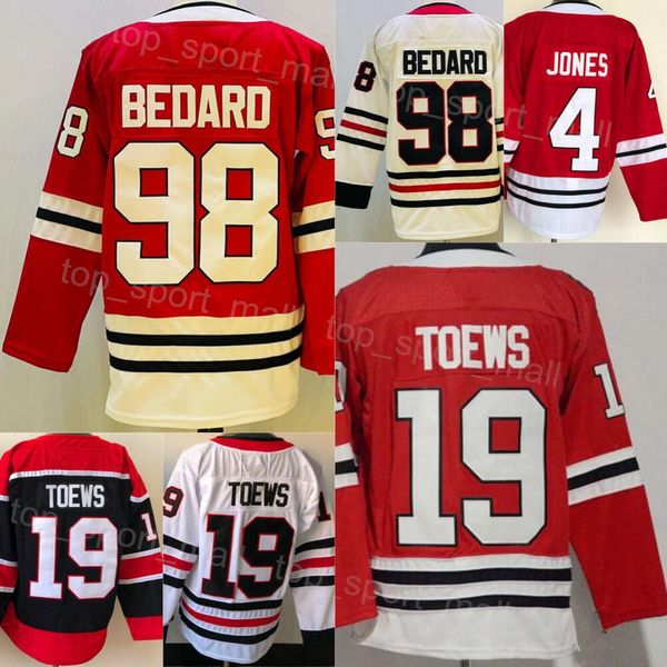 Erkekler Buz Hokeyi 19 Jonathan Toews Formalar Ters Retro 98 Connor Bedard 4 Seth Jones Nakış ve Dikiş Takımı Renk Siyah Beyaz Kırmızı Spor Hayranları için Nefes Alabilir