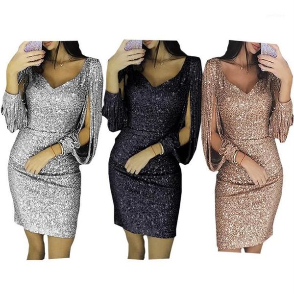 Casual Dresses Frauen Knielanges Partykleid Gold Quaste Weibliches, figurbetontes Langarm-helles Seidenglänzendes Vestidos1234Y