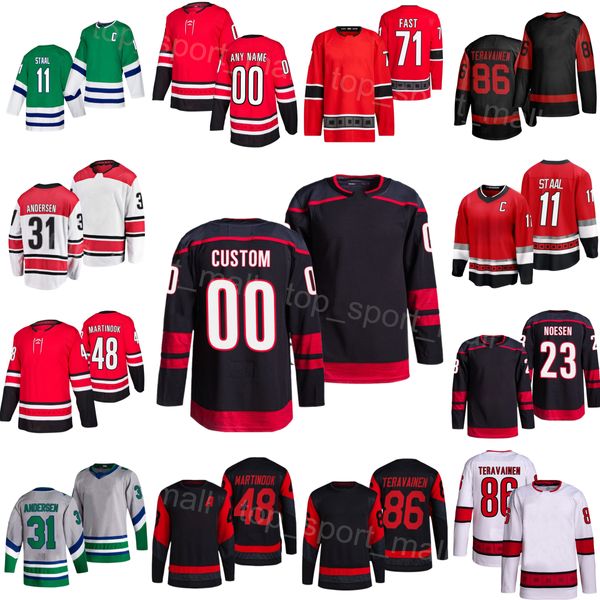 Tem Hockey 86 Teuvo Teravainen Jersey 23 Stefan Noesen 48 Martinook 31 Frederik Andersen 11 Staal 22 Brett Pesce 71 Jesper Fast Bradley Nadeu Stitch Uomo Donna Youth